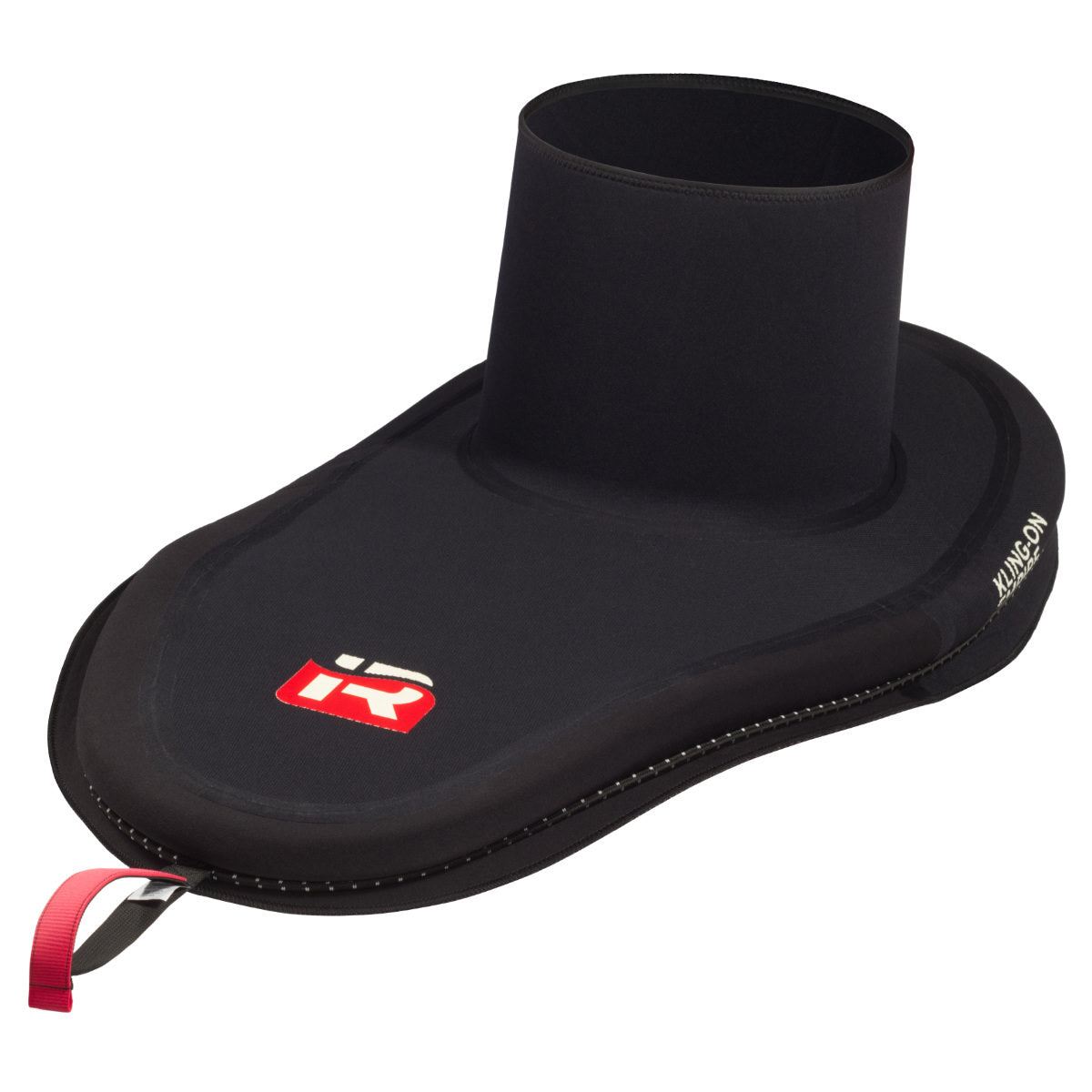 Schwarze Spritzdecke aus Neopren mit roter Griffschlaufe und rotem Logo auf der Decke.