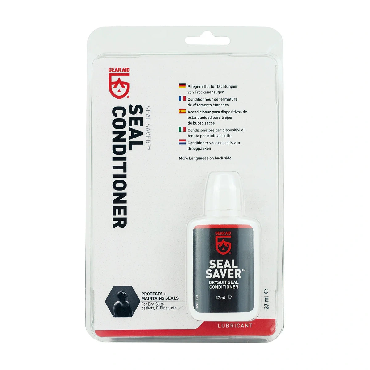 A small white bottle of Gear Aid Seal Saver in a blister package.